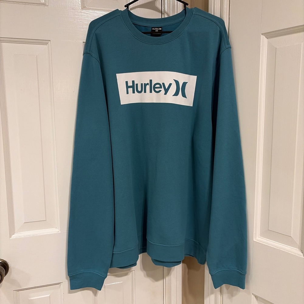 Hurley Mens Regular Fit Sweatshirt Teal Blue XXL Box Logo Cotton Blend